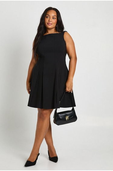 Plus Bengaline Racer Neck Pleated Skater Dress - black
