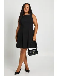 Plus Bengaline Racer Neck Pleated Skater Dress - black