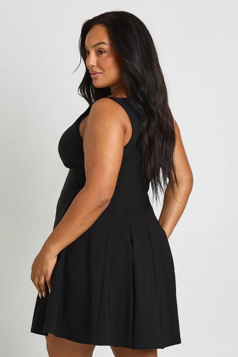 Plus Bengaline Racer Neck Pleated Skater Dress - black - 2