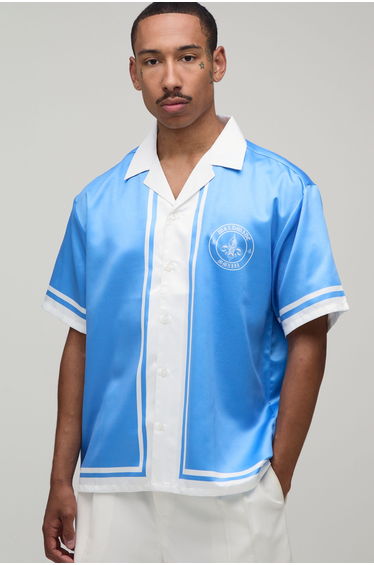 Oversized Half Sleeve Worldwide Border Print Satin Shirt - blue
