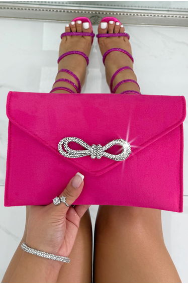 Lemonade Crystal Bow Embellished Faux Suede Clutch Bag Hot Pink
