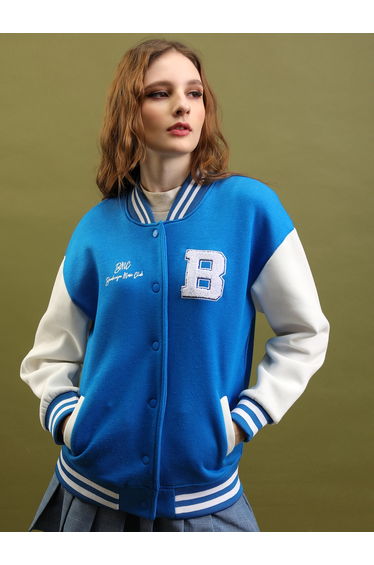 Embroidered Colorblock Relaxed Fit Varsity Jacket