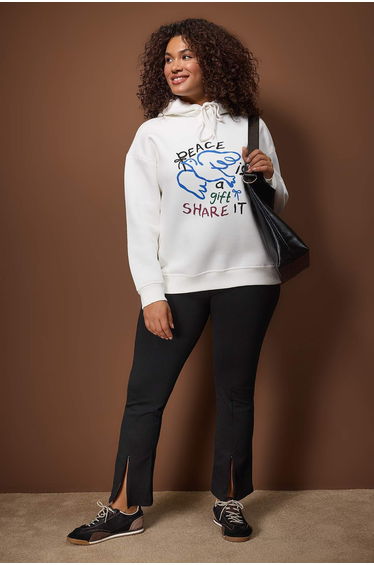 Ecru printed hooded oversize/wide fit fleece-lined large size sweatshirt