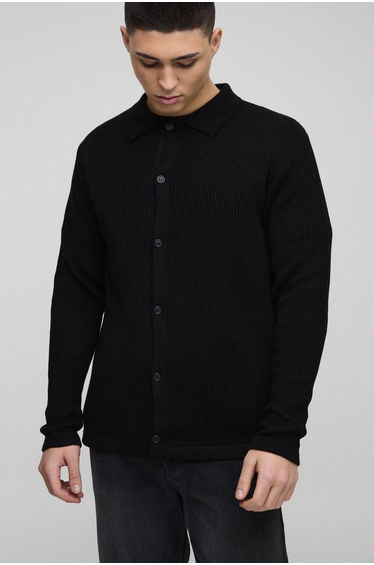 Regular Collared Knitted Cardigan - black