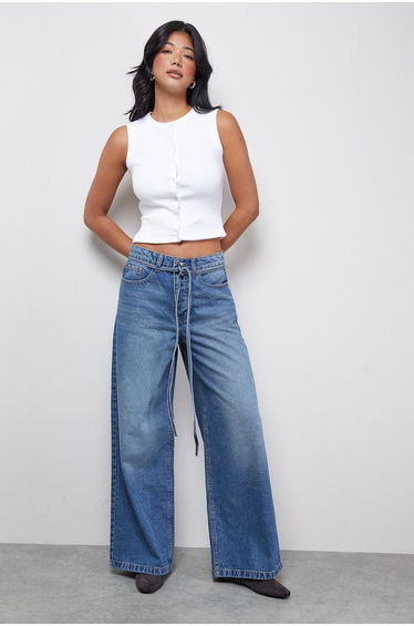 Tie Waist Wide Leg Denim Jean