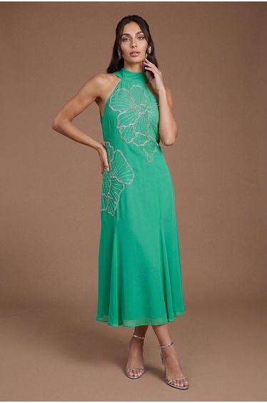 Embellished Midi Dress With Godet Pleats