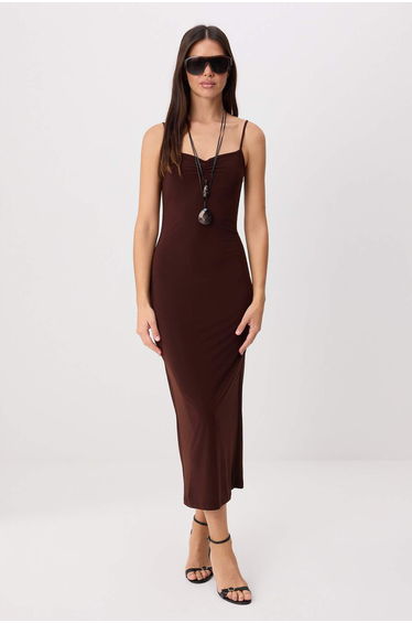 Brown Plain Fitted Slim Strap Maxi Knitted Dress