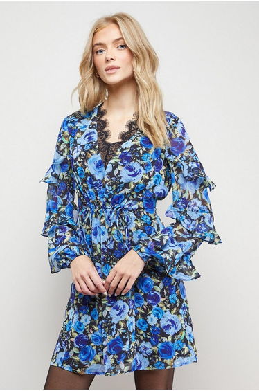 Printed Lace Detail Frill Sleeve Mini Dress