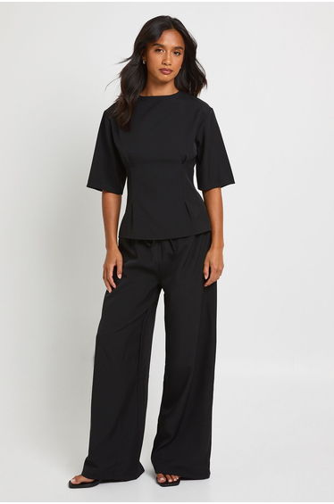 Petite Woven Marl Cinch Waist Top Wide Leg Trouser Co-ord - black