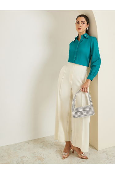 Women Teal Embellished Collar Crepe Shirt
