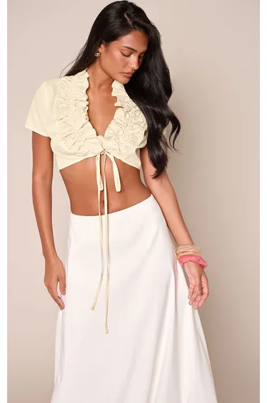 Lemon Ruffle Detail Cropped Tie Front Shirt