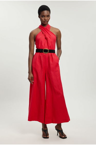 Petite Viscose Linen Belted Halterneck Woven Jumpsuit