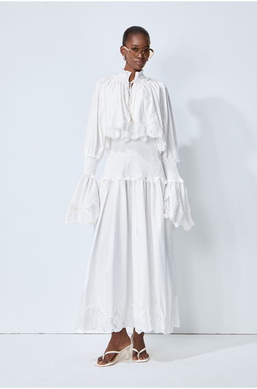 Chasing Sunlight White Lace Trim Flared Sleeve Maxi Dress