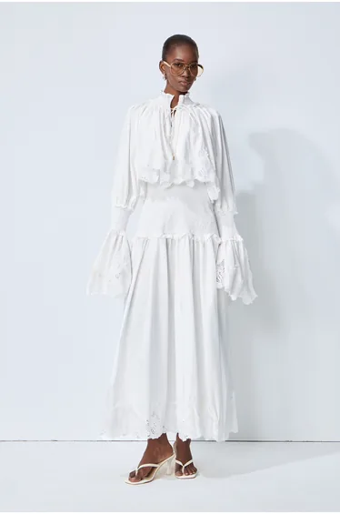 Chasing Sunlight White Lace Trim Flared Sleeve Maxi Dress
