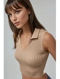 MY FASHION Cable Knit V Neck Sweater - 2