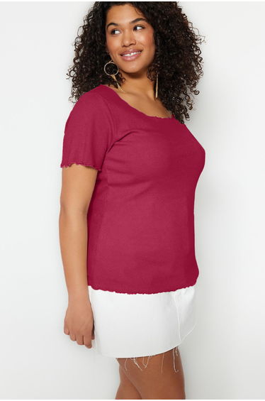 Plum Corduroy Pool Collar Knitting Plus Size Blouse