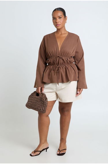 Plus Flared Sleeve Tie Front Ruched Waist Top - chocolate