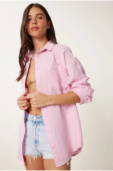 ISTANBUL Oversized Textured Cotton Shirt with Pocket