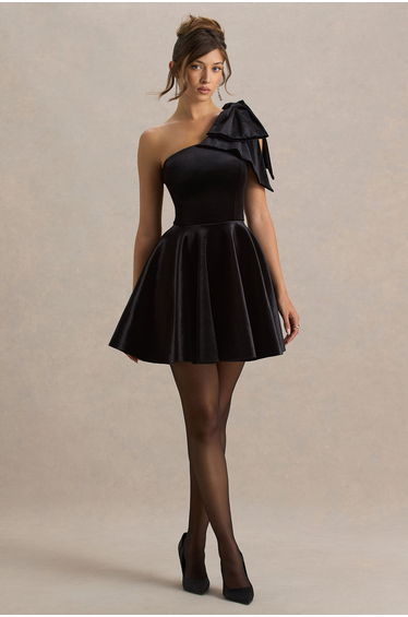 Keeley | Black Asymmetric-Neck Velvet Mini Dress With Bow Detail