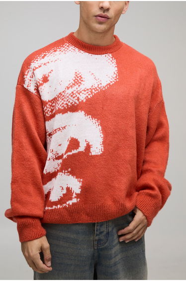 Oversized Boxy Brushed Eye Graphic Knitted Jumper - orange