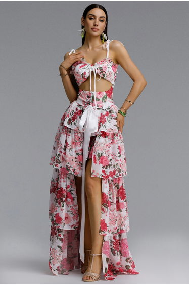 Pale Chic Flowy Halter Cut Out Floral Print Ruffle Pink Maxi Dress