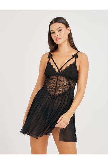 Lace Mesh Double Slit Asymmetric Hem Babydoll