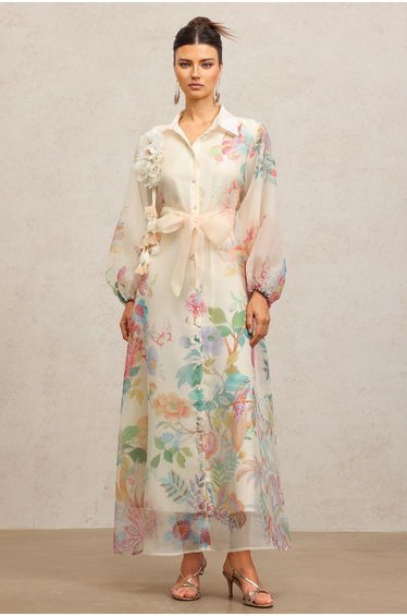 Farrah Lapel Long Sleeves Flowers Printed Maxi Dress