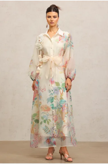 Farrah Lapel Long Sleeves Flowers Printed Maxi Dress