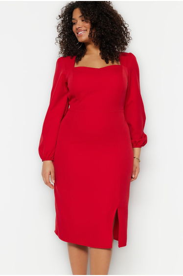 Red Plus Bodycon Midaxi Dress with Long Sleeves