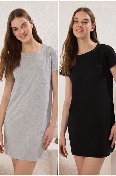 Black-Grey 2-Pack 100% Cotton Pocket Detailed Knitted Nightgown