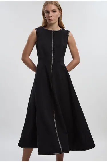 Compact Stretch Pu Mix Sleeveless Full Skirted Tailored Midi Dress