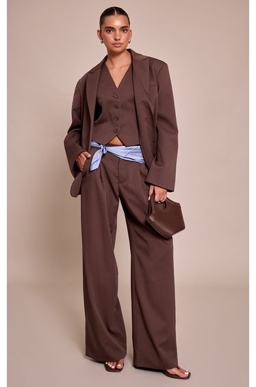 Dark Brown Tailored Woven Wide Leg Pleated Trouser