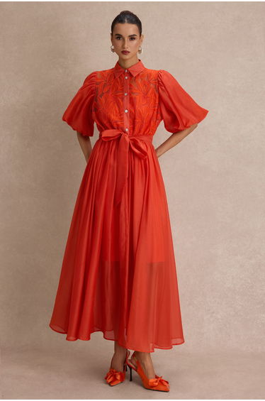 Embroidered Puff Sleeve Flapped Midi Dress