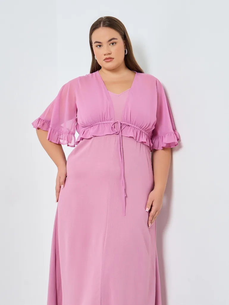 Plus Size Pink Ruffled Detail Maxi Dress - 3