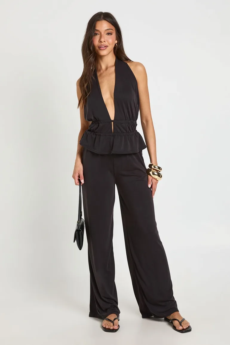 Peplum Halterneck Tie Back Top and Trouser Coord - black