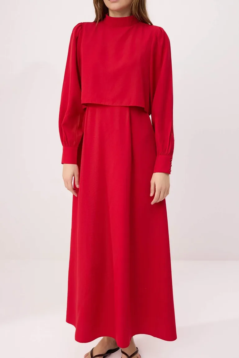 Burgundy Unlined Plain Woven Dress - 2