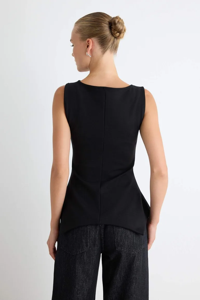 Black Plain Boat Neck Peplum Asymmetrical Sleeveless Knitted Blouse - 3