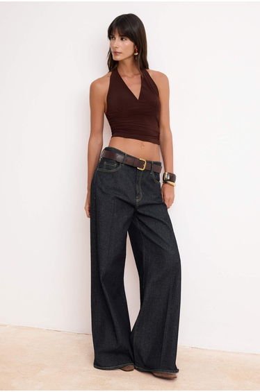 Brown Halter Neck Bodycon Crop Stretchy Knitted Blouse
