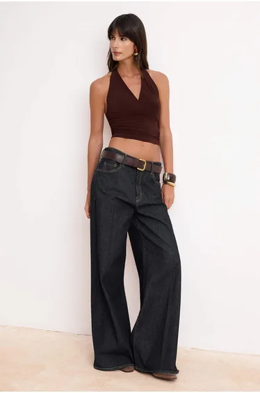 Brown Halter Neck Bodycon Crop Stretchy Knitted Blouse