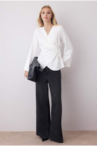 White Satin Double-Breasted Woven Blouse