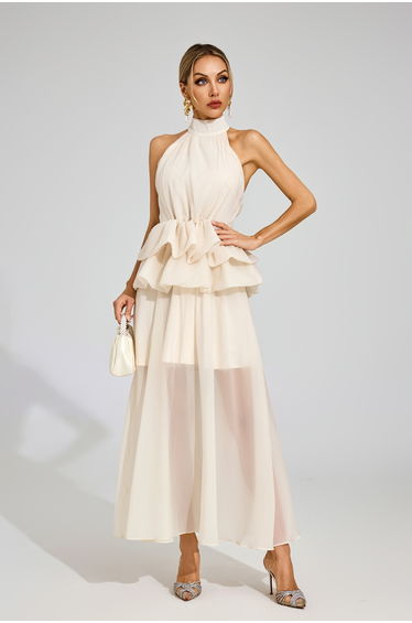 Allen Apricot Halter Maxi Ruffle Dress