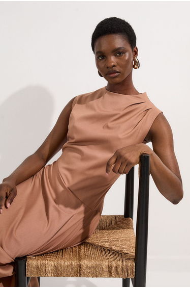 Tailored Drapey Bodice Asymmetric Midi Dress