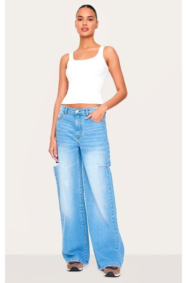 Mid Blue Wash Thigh Split Wide Leg Jeans