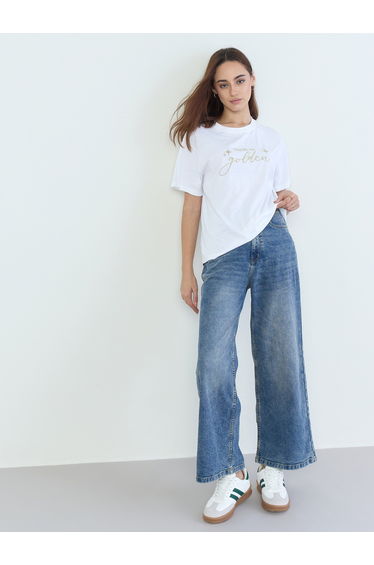 White Lurex Embroidered Boxy 100% Cotton T-Shirt