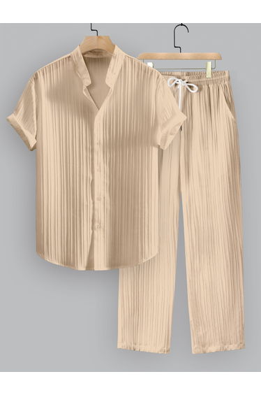 Men Beige Textured Shirt and Pants Co-Ords