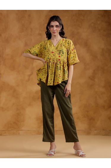 Printed V-Neck Pleated Top and Pants Co-Ords