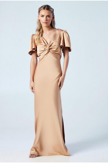Petite Twist Front Angel Sleeve Maxi Bridesmaids Dress