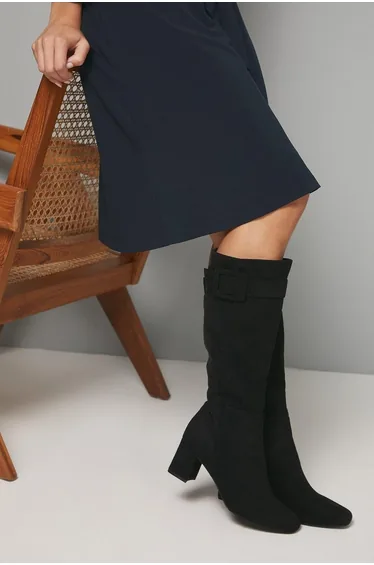 Hawthorn Faux Suede Covered Buckle Detail Square Toe Medium Block Heel Knee Boots