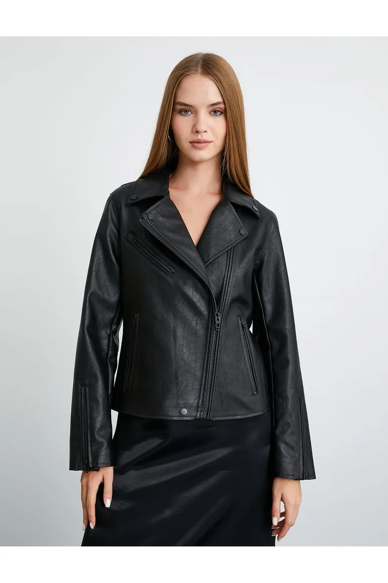 Biker Jacket Leather Look With Zipper - 1