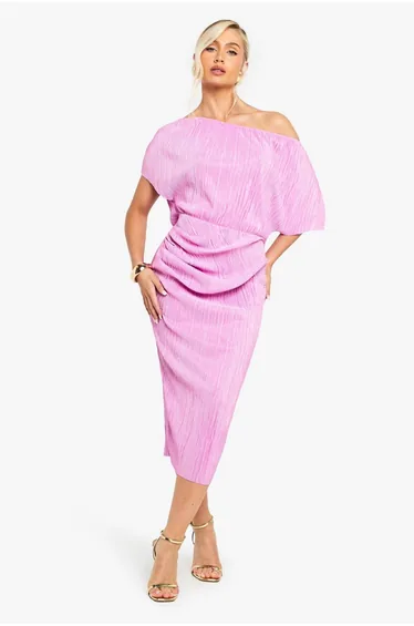 Plisse Off The Shoulder Midi Dress - pink
